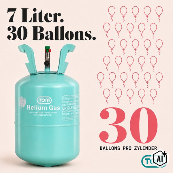 TOM Helium Gas Einwegzylinder mit 7 Liter Inhalt für 30 Ballons