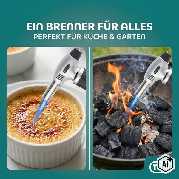 TOM Gasbrenner im Set für die Küche zum Karamellisieren und für den Garten zum Entzünden von Holzkohlegrills.