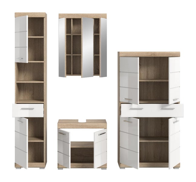 Badezimmermöbel Set in Holzoptik und Weiß bestehend aus Hochschrank, Spiegelschrank, Waschbeckenunterschrank und Seitenschrank.
