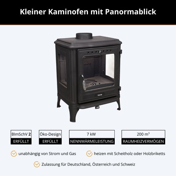 Kaminofen mit Panorama-Fenstern, 7 Kilowatt, 200 Kubikmeter, Ökodesign, Holz- und Brikettbetrieb, Bundesimmissionsschutzverordnung Stufe 2.