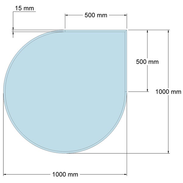 Technische Zeichnung einer Glasbodenplatte mit Bemaßung. Breite 1000 Millimeter, Tiefe 1000 Millimeter, gerade Kanten 500 Millimeter, Rand 15 Millimeter.