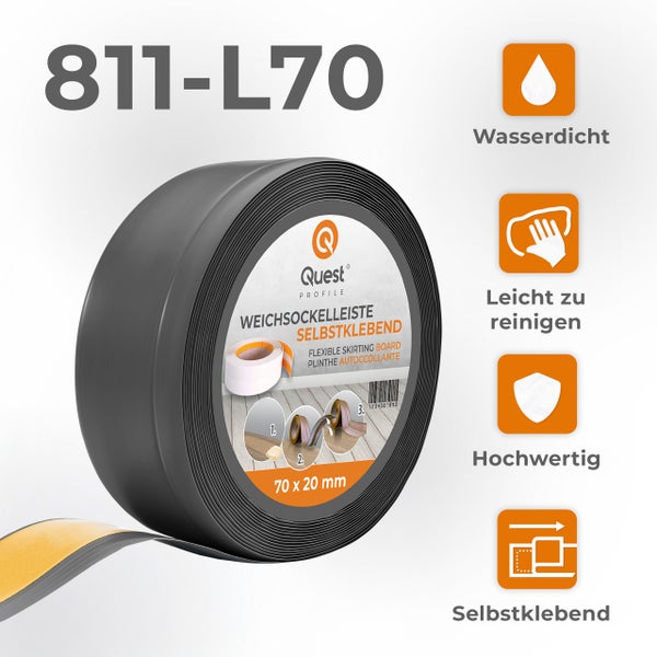 Quest Weichsockelleiste, Breite Sockelleiste 70 x 20 mm, PVC Knickleiste für Wand, Boden, Flexibel, Dunkelgrau, 1 Meter