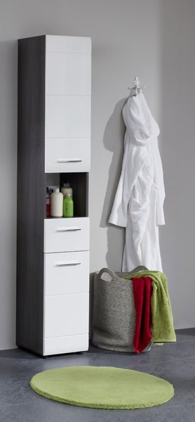 Line Bad Hochschrank 2 Türen, 1 Schublade, 1 offenes Fach rauchsilber, weiß Hochglanz. 30 X 31 X 182 cm
