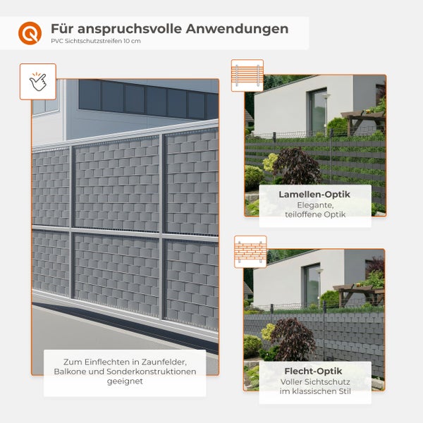 PVC Sichtschutzstreifen 10 Zentimeter für Zaunfelder und Balkone in Lamellen-Optik und Flecht-Optik.