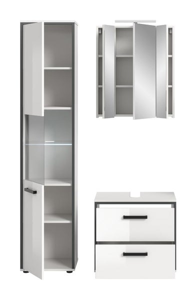 Badezimmermöbel-Set bestehend aus Hochschrank, Spiegelschrank und Waschbeckenunterschrank in Weiß und Dunkelgrau mit geöffneten Türen.