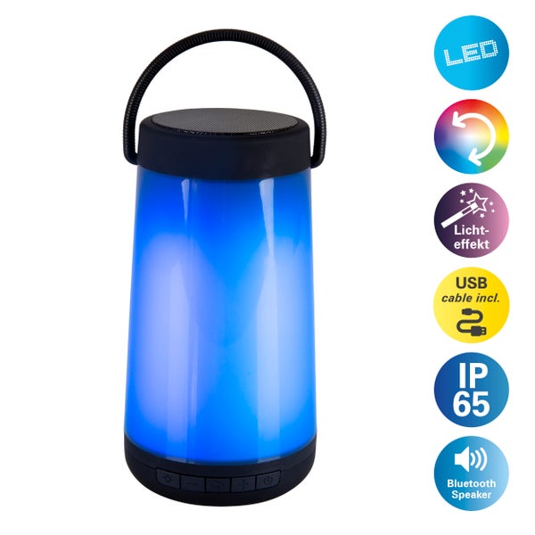 LED-Tischleuchte mit BT-Speaker FESTA für den Außenbereich aus schwarzem Kunststoff mit integrierten LEDs, 18 cm hoch