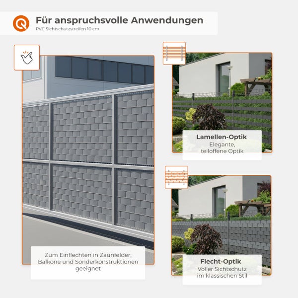 Sichtschutzstreifen aus Kunststoff mit 10 Zentimeter Breite in Flecht- und Lamellen-Optik, montiert in einem Metallzaun vor einem modernen Gebäude.