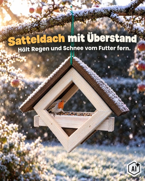 Ein hängendes Vogelhaus aus Holz mit Satteldach und Überstand schützt Vogelfutter vor Regen und Schnee, mit einem Rotkehlchen auf der Futterstelle.