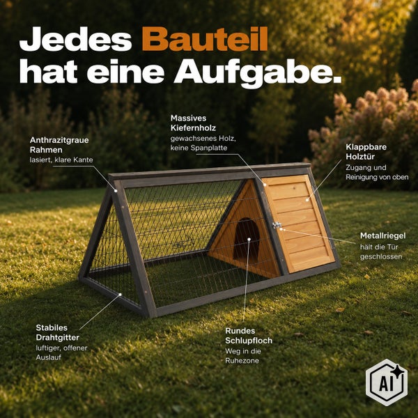 Kleintierstall aus Kiefernholz mit Drahtgitter, klappbarer Holztür und Metallriegel zur sicheren Unterbringung von Kleintieren im Freien.