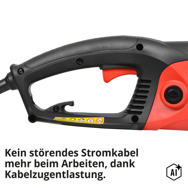 Nahaufnahme des Griffs eines Elektrowerkzeugs mit Kabelzugentlastung für eine sichere Kabelführung ohne Unterbrechung bei der Arbeit.