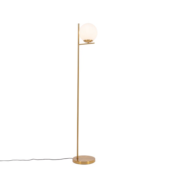 QAZQA - Design Art-Deco-Stehlampe aus Gold I Messing und Opalglas – Flore I Wohnzimmer I Schlafzimmer - Stahl Kugel I Kugelförmig I Länglich - LED geeignet E27