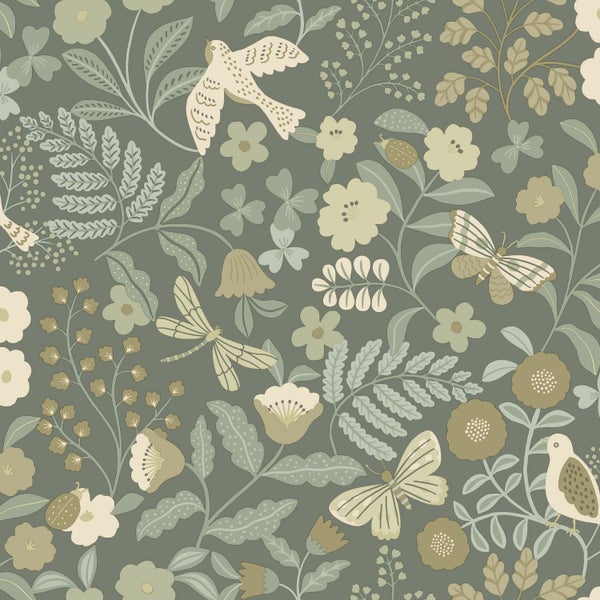 ESTAhome Tapete Blumen und Vögel Graugrün - 50 x 900 cm - 131465