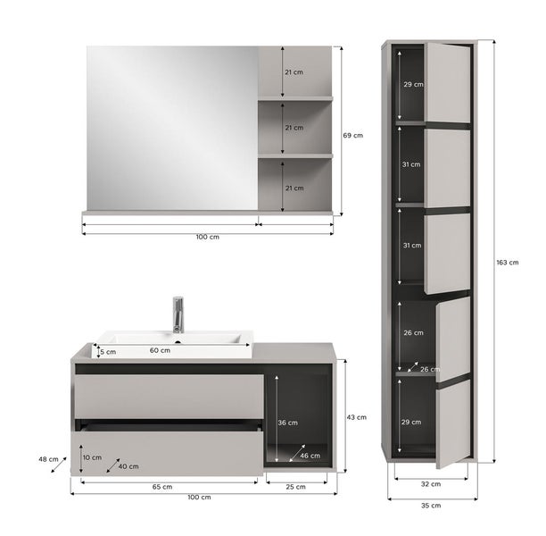 Jaru Badmöbelset 150cm grau,schwarz. 150 X 48 X 200 cm