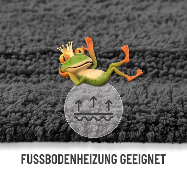Nahaufnahme eines Badteppichs mit einer Grafik eines Frosches und dem Symbol für Fußbodenheizung geeignet.