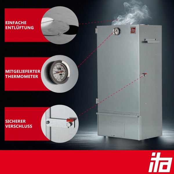 Räucherofen aus Metall mit integriertem Thermometer, Entlüftungsklappe und sicherem Verschluss. Ita Logo.