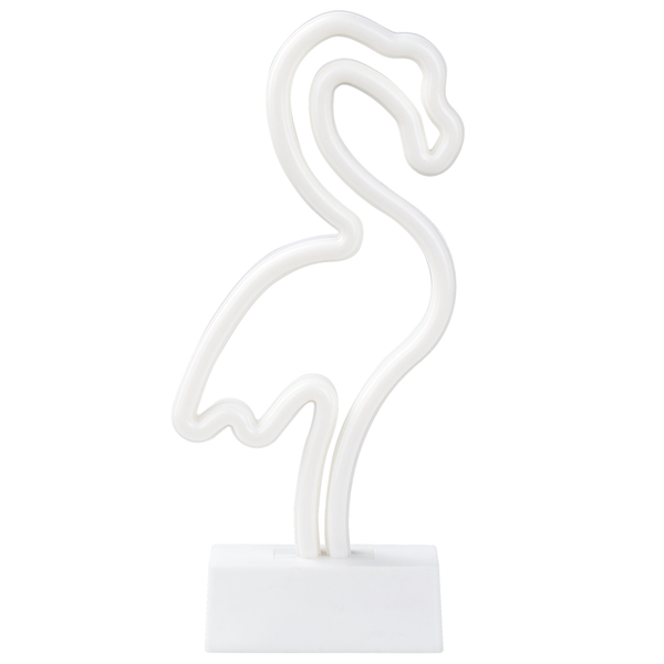 LED-Neon-Leuchte in Flamingo-Form auf weißem Standfuß, Dekolicht für den Innenbereich.