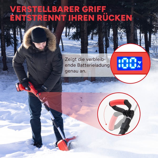 Aufsatzkehrmaschine im Einsatz mit Anzeige des Batteriestands und verstellbarem Griff