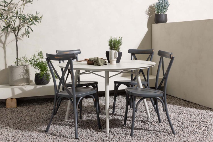 Lina Gartenset Tisch Ø120cm beige, 4 Stühle Peking dunkel grau. 120 X 120 X 74 cm