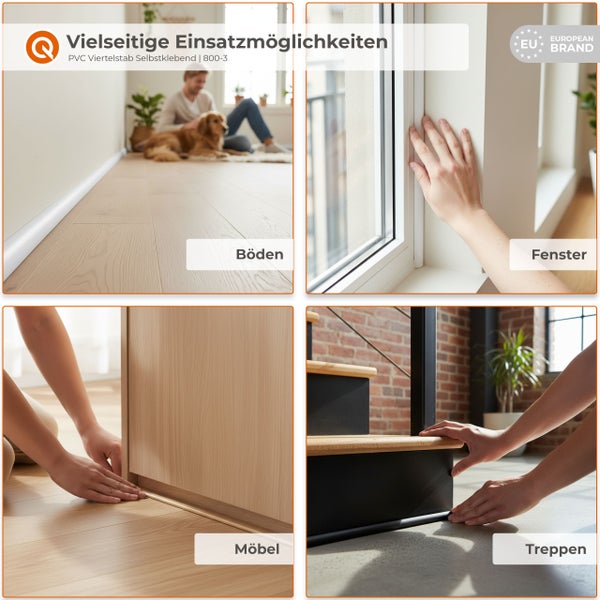 Anwendungsbeispiele für selbstklebende Viertelstabprofile aus PVC für Böden, Fenster, Möbel und Treppen