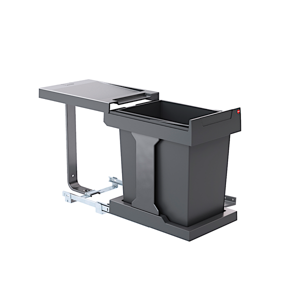 Einbau-Abfallsammler aus anthrazitfarbenem Kunststoff mit Teleskopauszug und Hailo Logo.