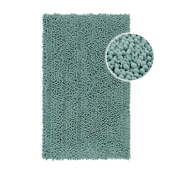 Badematte mit Chenille-Struktur und Detailansicht der weichen Fasern.