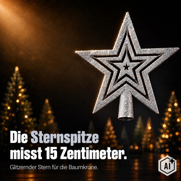 Glitzernde Weihnachtsbaumspitze in Sternform mit 15 Zentimetern Höhe für die Dekoration der Baumkrone.