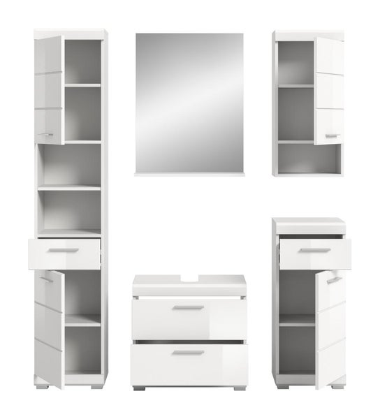Badezimmermöbel-Set inklusive Spiegel, Waschbeckenunterschrank, Hochschrank, Wandschrank und Unterschrank mit offenen Türen und Schubladen.