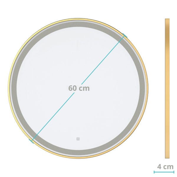 Runder LED Wandspiegel mit goldfarbenem Rahmen, Durchmesser 60 Zentimeter und Tiefe 4 Zentimeter mit Touch Schalter.