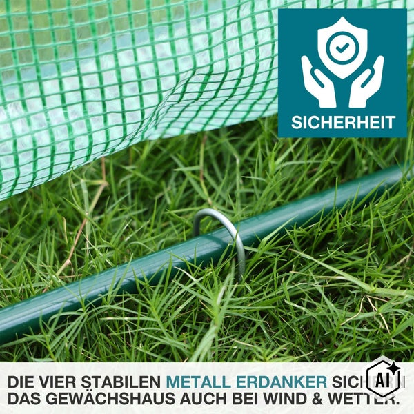 Stabiler Metall Erdnanker zur Sicherung eines Gewächshauses im Boden bei Wind und Wetter inklusive Sicherheitssymbol.