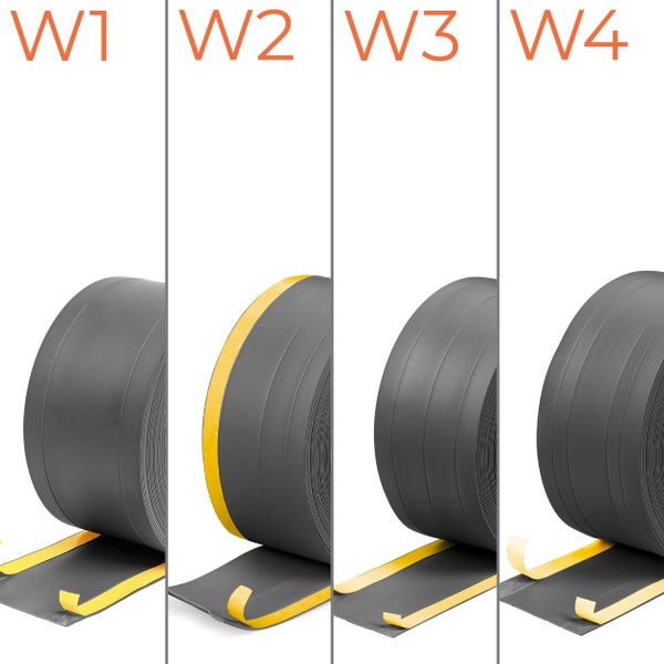 Bild von vier Rollen Dichtband mit unterschiedlichen Klebstoffen, gekennzeichnet mit W1, W2, W3 und W4.