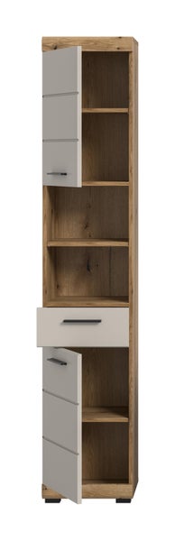 Badezimmer-Hochschrank in Holzoptik mit Türen und Schublade. Maße: Höhe 191 Zentimeter, Breite 37 Zentimeter, Tiefe 31 Zentimeter.