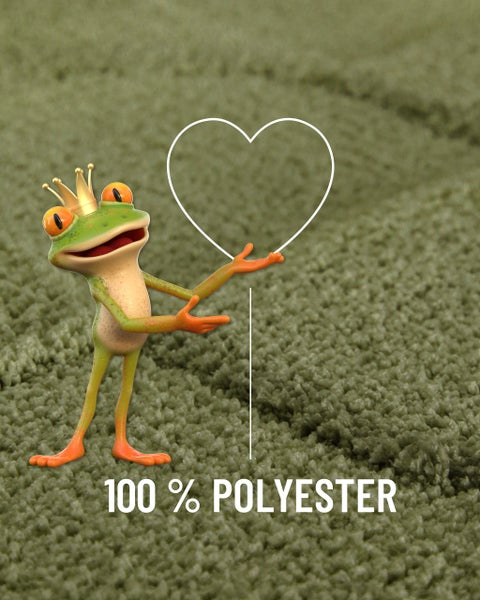 Symbol fuer 100 Prozent Polyester mit einem Frosch auf einem Teppichboden.