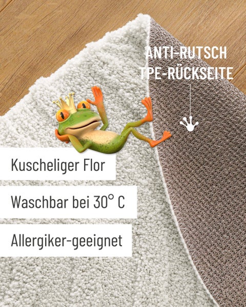 Weichfloriger Badeteppich mit rutschhemmender TPE-Rückseite, waschbar bei 30 Grad Celsius und für Allergiker geeignet.