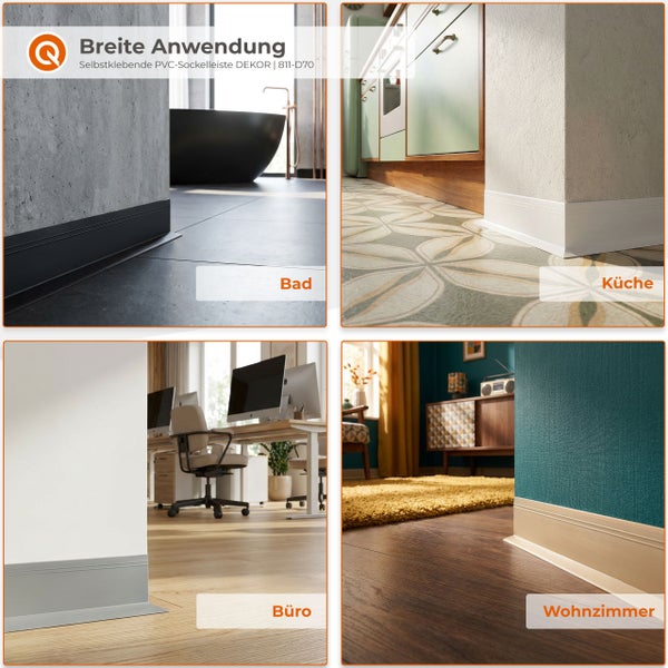 Anwendungsbeispiele für selbstklebende PVC Sockelleisten in Bad, Küche, Büro und Wohnzimmer