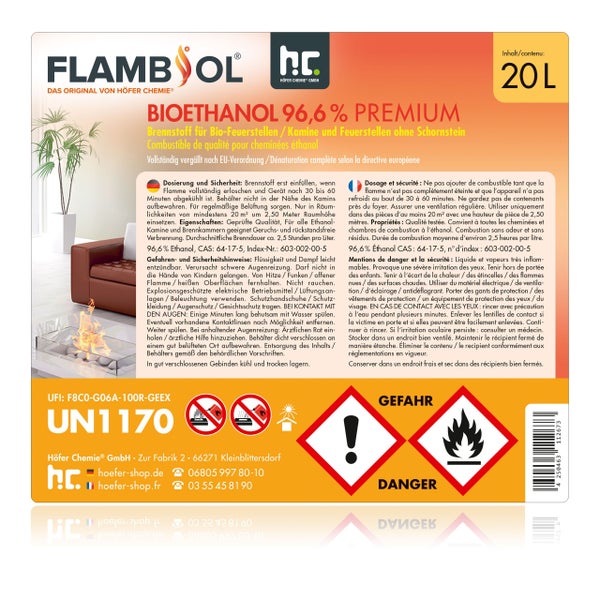 Flammsol Bioethanol 96,6 Prozent Premium Brennstoff für Bio Feuerstellen, Kamine und Feuerstellen ohne Schornstein 20 Liter