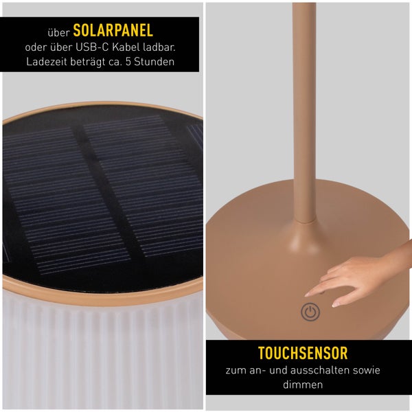 Solar-Akkutischleuchte EMMI  38 cm hoch, Schirm Ø 13 cm, Metall in Almond und weißer Kunststoff, für den Außenbereich, dimmbar CCT.