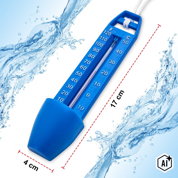Poolthermometer mit einer Länge von 17 Zentimetern und einer Breite von 4 Zentimetern mit Skala in Celsius und Fahrenheit.
