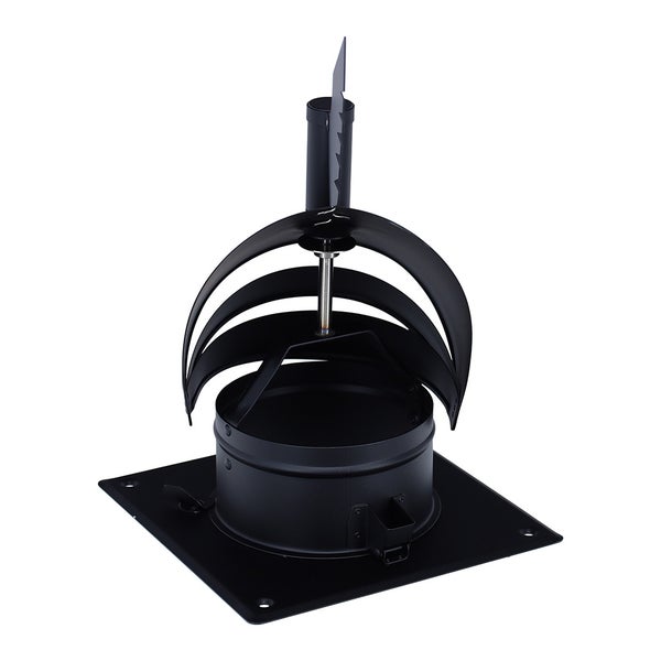 Schornsteinaufsatz aus Metall mit quadratischer Grundplatte und Windschutzflügeln für den Kaminabzug.