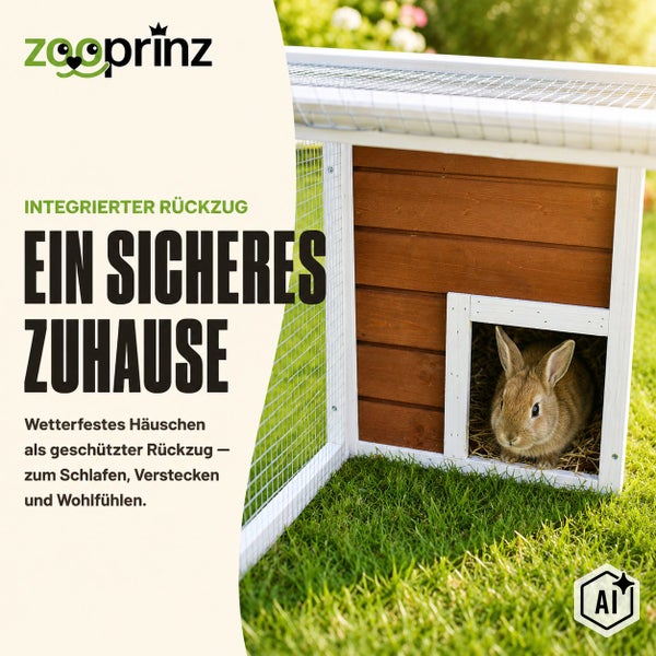 Zooprinz Logo, Holzhäuschen für Kleintiere mit Drahtgehege als Rückzugsort auf einer Wiese, Kaninchen im Innenraum.