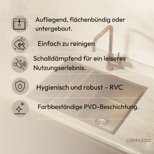 Küchenspüle von Lomazoo mit Erklärungen zu Montage, Reinigung, Schalldämmung, Hygiene und PVD-Beschichtung.