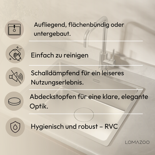 Edelstahl Küchenspüle mit Einhebelmischer und Funktionsmerkmalen wie Schallschutz und einfache Reinigung sowie Lomazoo Logo