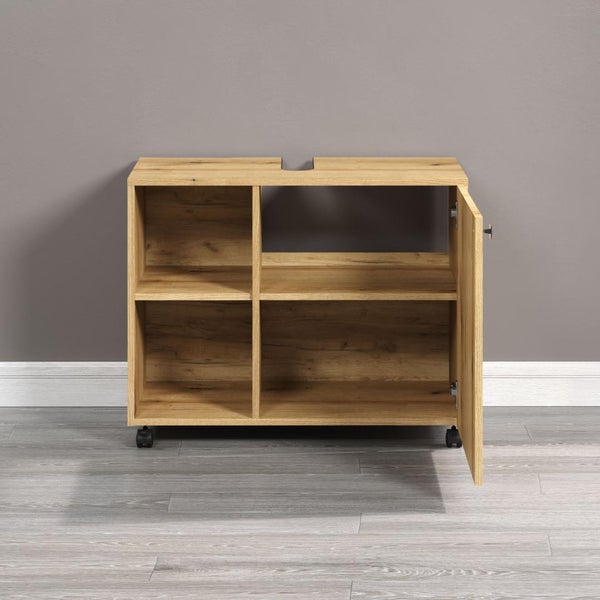 Waschbeckenunterschrank aus Holz mit Ablagefächern und Rollen