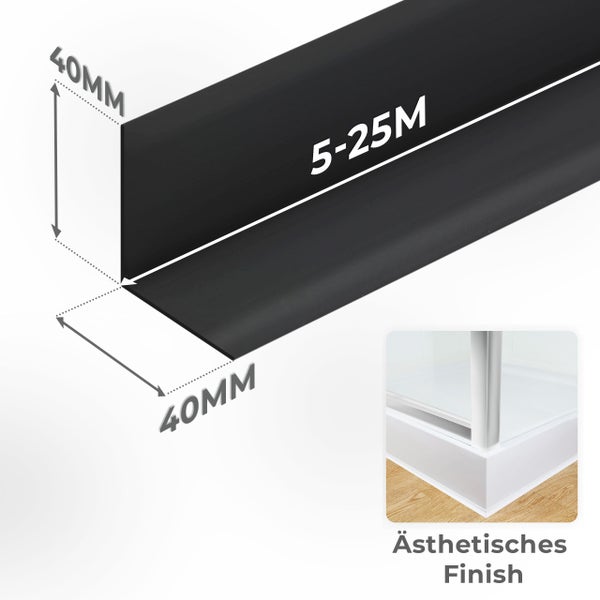 Duschdichtungsprofil mit den Maßen 40 mal 40 Millimeter und einer Länge von 5 bis 25 Metern.