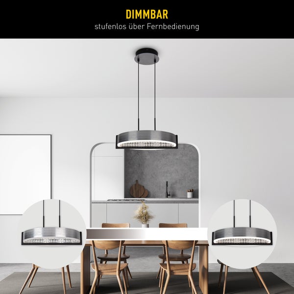 Dimmbare Hängeleuchte mit stufenloser Fernbedienung über einem Esstisch in einem modern eingerichteten Raum.