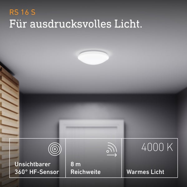 Deckenleuchte RS 16 S mit Sensor, 8 Meter Reichweite und 4000 Kelvin fuer Innenraeume.