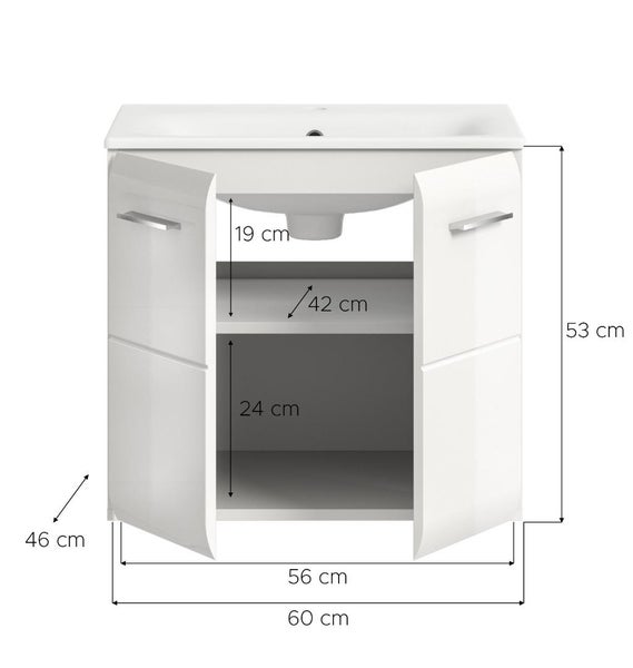 Waschtischunterschrank mit geöffneten Türen und Maßangaben