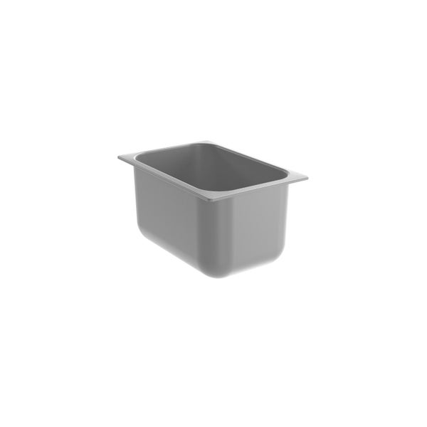 Gastronorm-Behälter aus Kunststoff in Grau, rechteckige tiefe Form mit umlaufendem Rand.