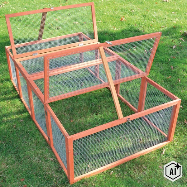 Freigehege für Kleintiere aus Holz mit aufklappbaren Deckeln und Drahtgitter auf einer Wiese.