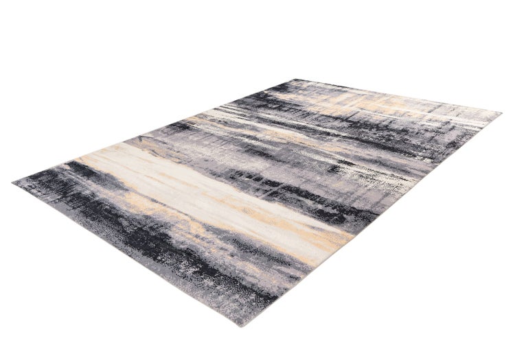 Rechteckiger Teppich mit abstraktem Pinselstrich-Muster in Grau, Schwarz und Beige.