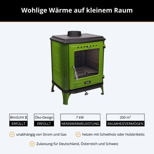 Grüner Kaminofen aus Gusseisen, 7 Kilowatt für 200 Kubikmeter, Betrieb mit Holz, unabhängig von Strom und Gas, erfüllt Umweltstandards.